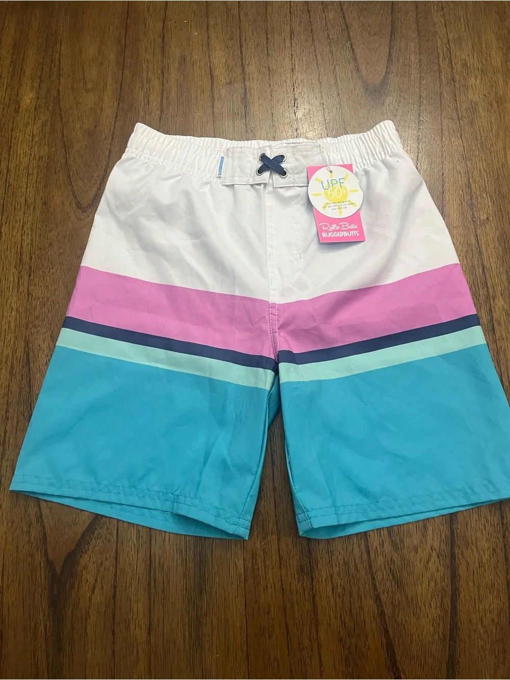 NWT RuggedButts Boys Aqua Color Block Swim Trunks UPF 50+ Size 10